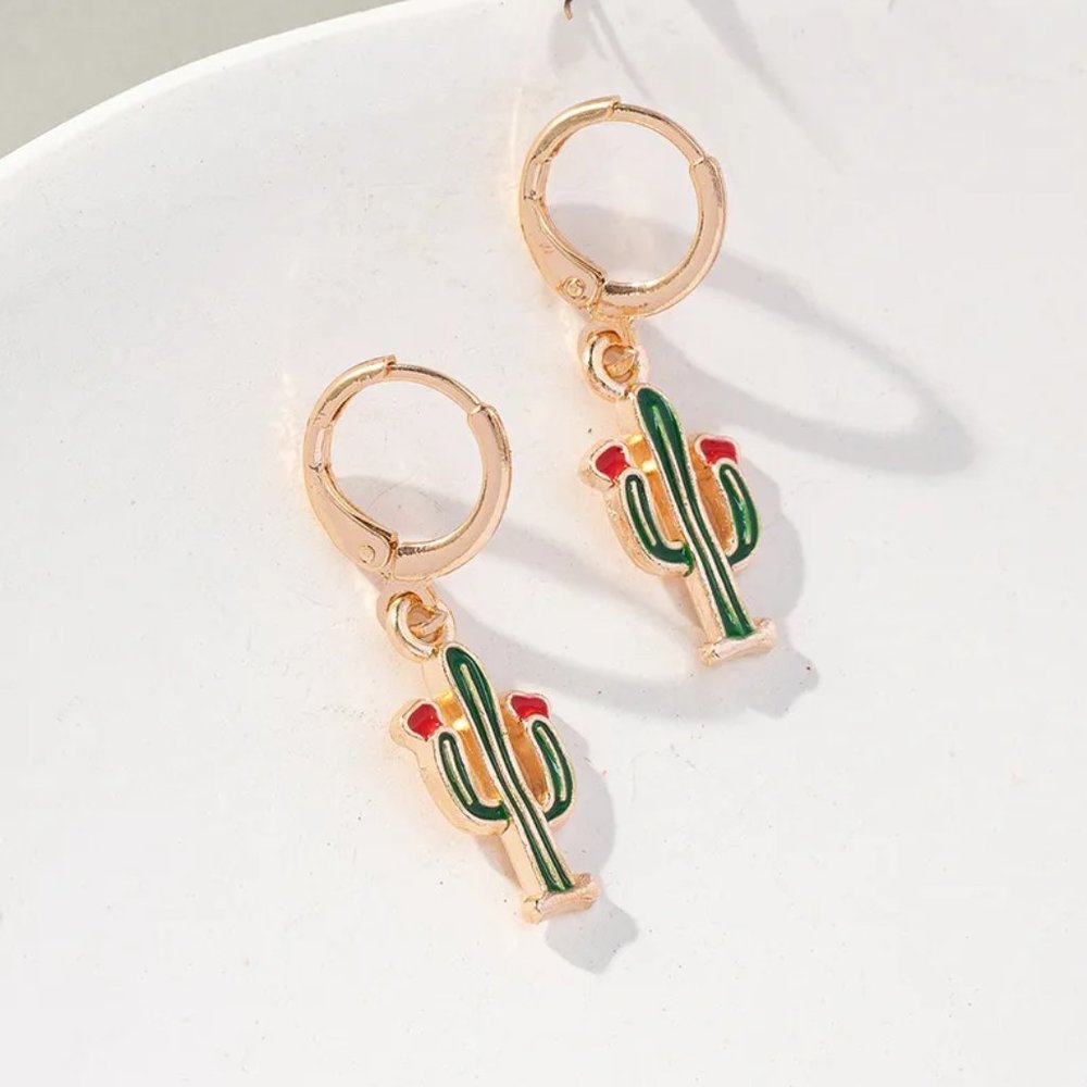 Gold & Green Desert Cactus Western Southwestern Dangle Huggie Earrings NEW - Picture 7 of 7